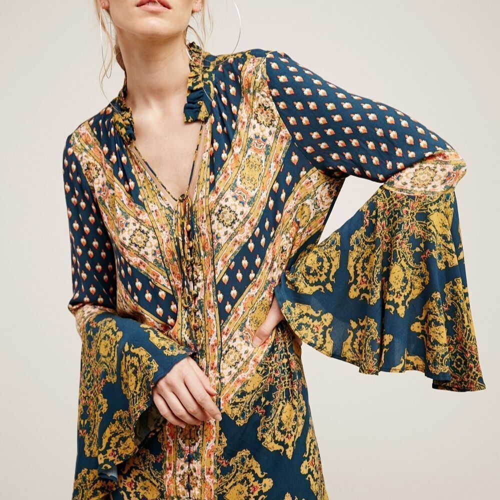Free People Magic Mystery Tunic Blue/Gold Patchwork Prints Sz XS
